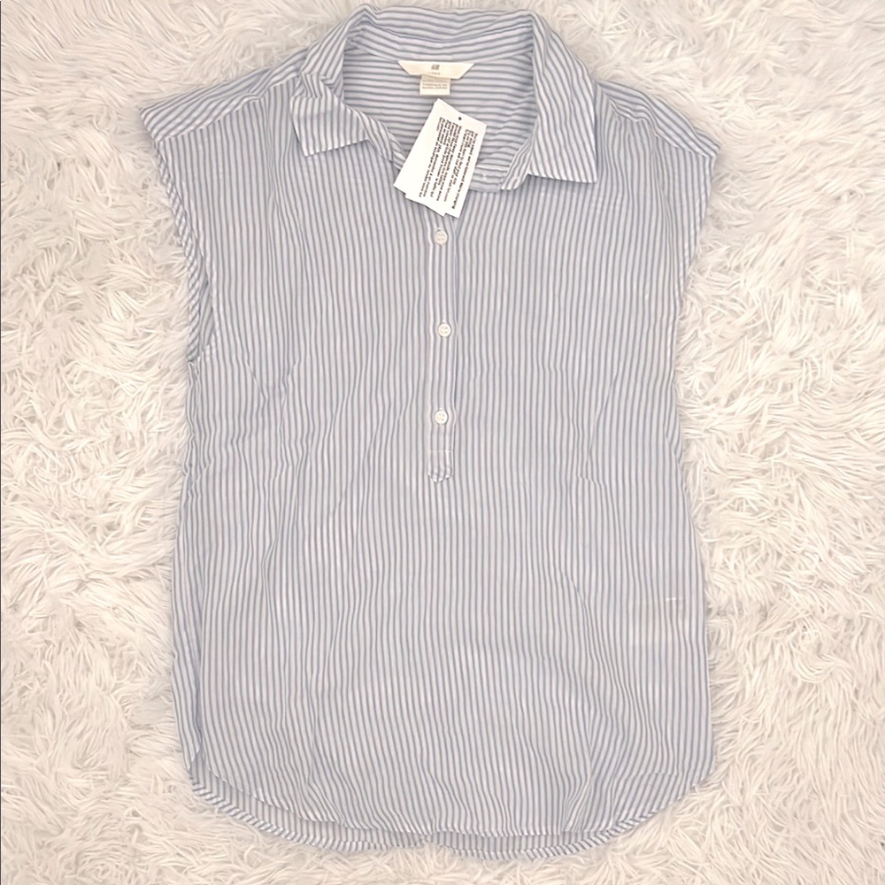 Blue Striped Sleeveless Women's Collared Top
